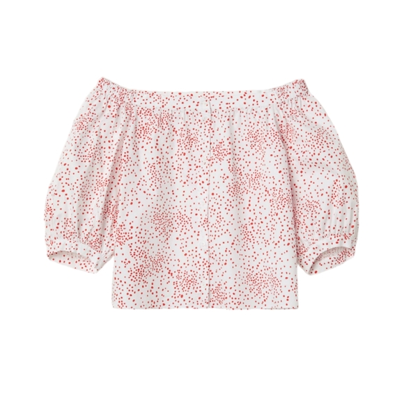 H&M Red and White Polka Dot Off-the-Shoulder Balloon 3/4 Sleeve Button Down Top - Picture 2 of 13
